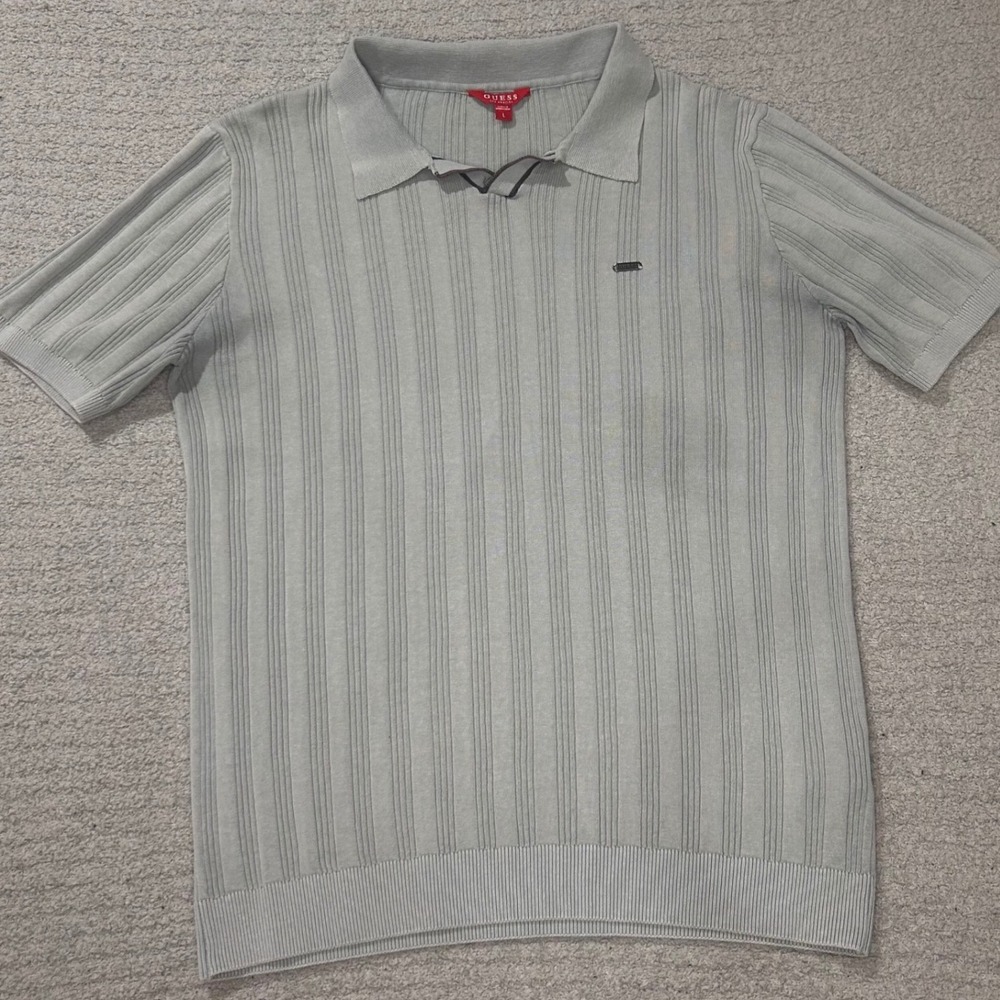 Guess Polo Shirt Ribbed Knit Large Sage Green Vintage Style Quiet Luxury Cotton